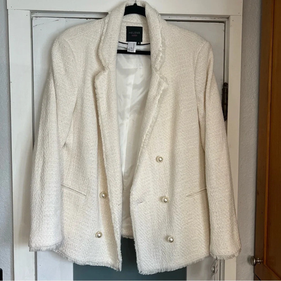 NWT Helene London Tweed Blazer Jacket Double Breasted Fringe Cream Pearl Medium - Picture 7 of 16